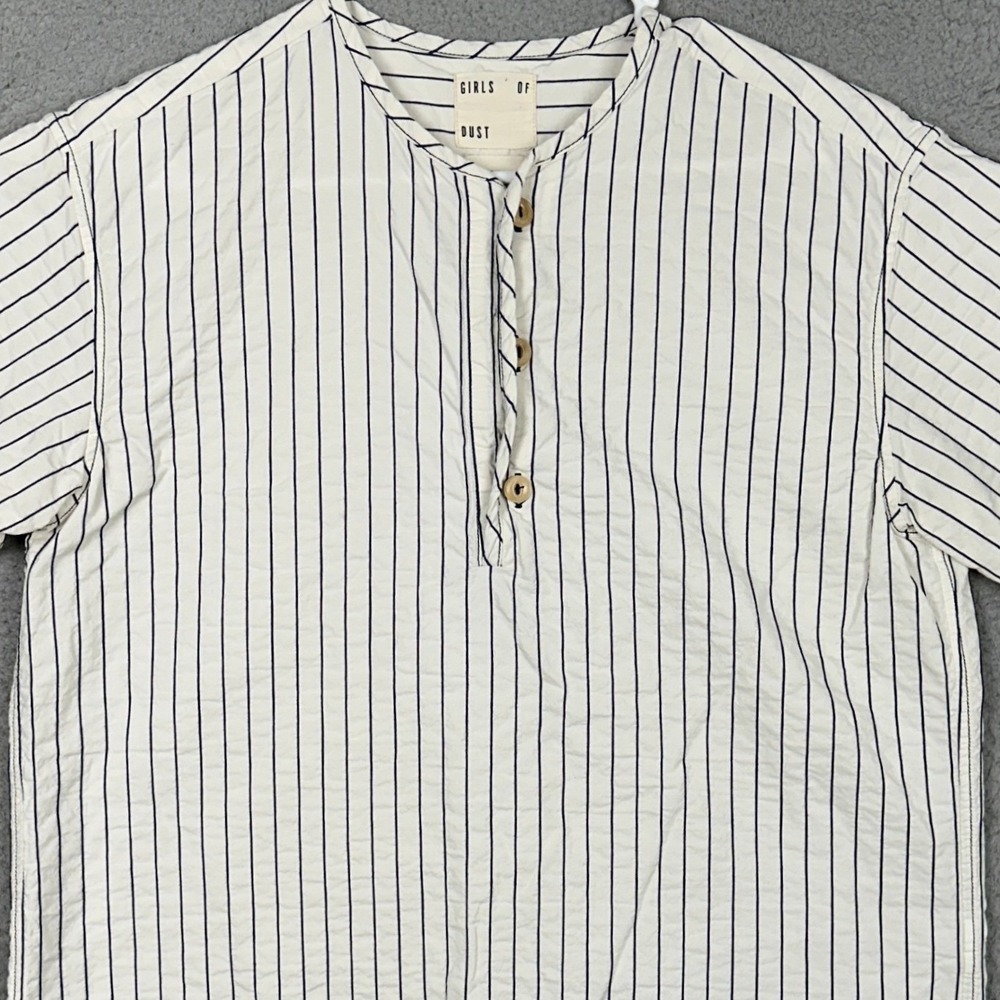 Girls of Dust Shirt Women Small White Navy Henley Stripe Short Sleeve Top Blouse